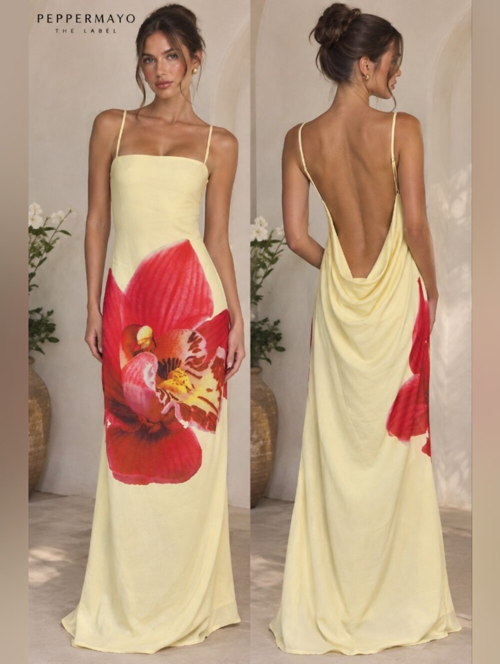 Peppermayo Pale Yellow Slip Dress with Red Floral Motif
